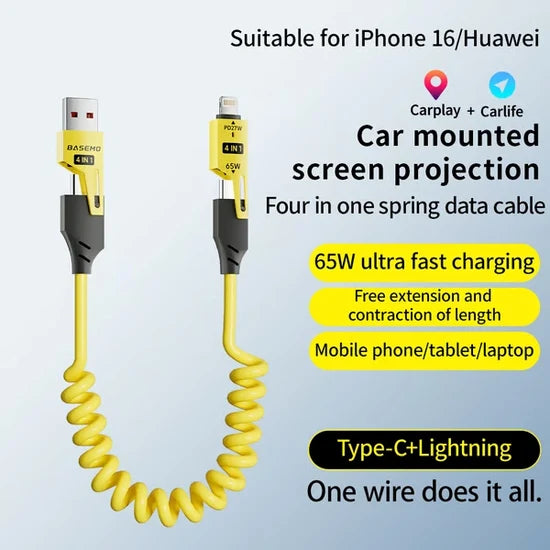 4 u 1 Uvlačivi Kabl za Brzo Punjenje – 65W, USB-C + Lightning