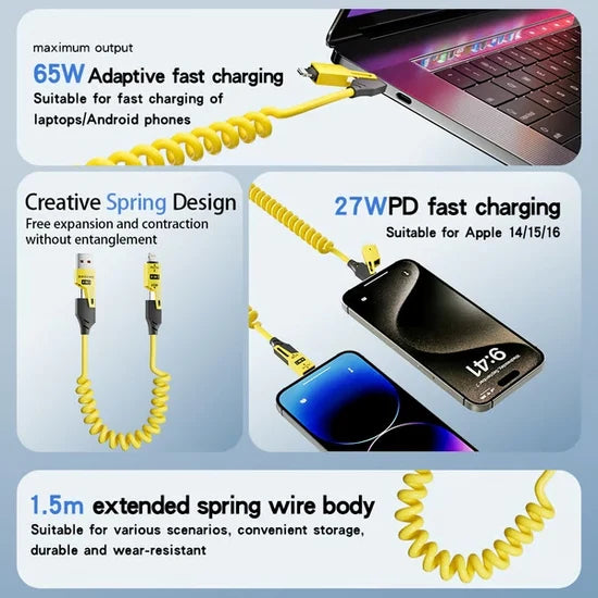 4 u 1 Uvlačivi Kabl za Brzo Punjenje – 65W, USB-C + Lightning